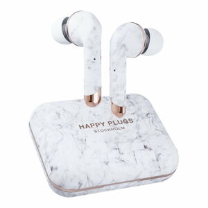 Bezdrátová sluchátka v bílé mramorové barvě Happy Plugs Air 1 Plus In-Ear